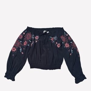 ASTR The Label Off The Shoulder Embroidered Long Sleeve Crop Top Black Size M